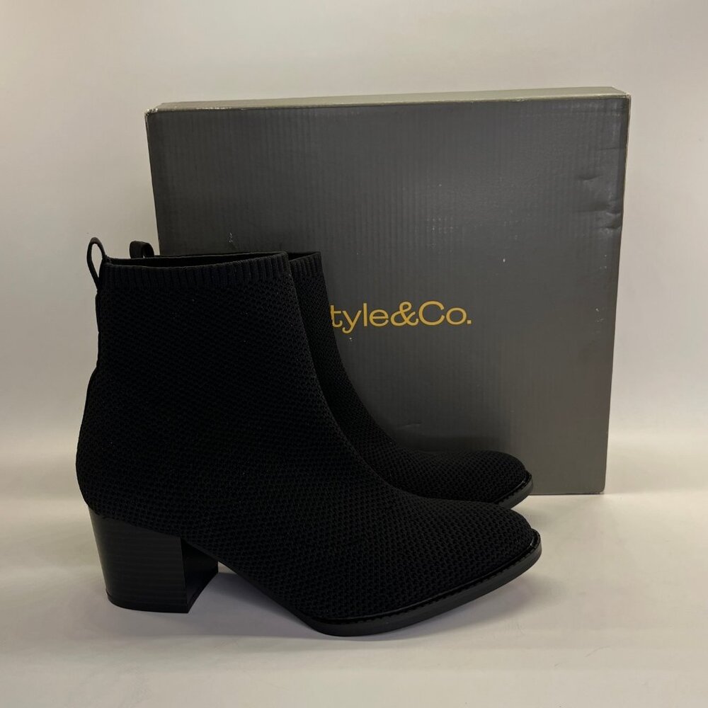 Style & Co Grantt Flyknit Booties Size 7.5M Black Womens Stacked Heel Boot